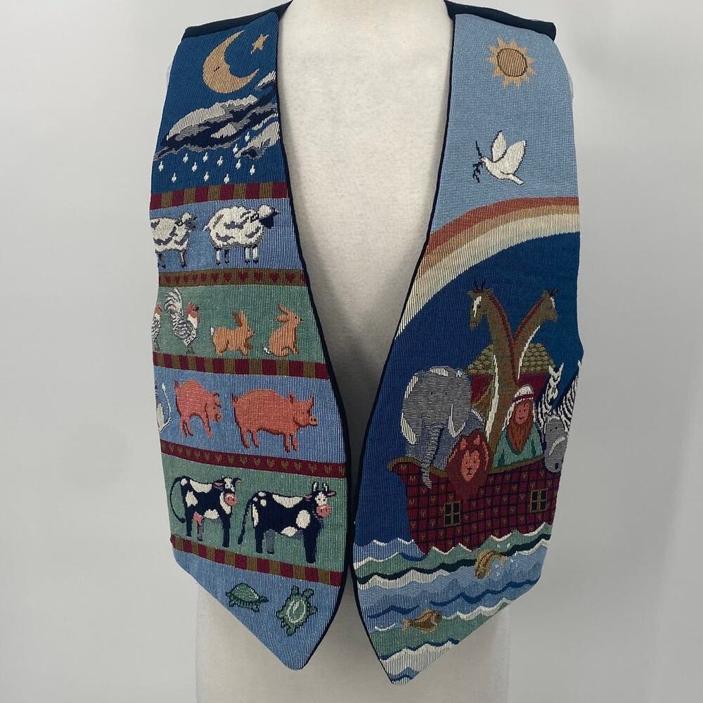 Vintage Noahs Ark Needlepoint Embroidered Animals Vest Open Front Blue Womens L - Picture 2 of 7